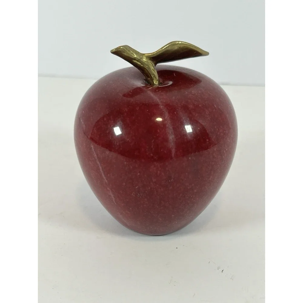 Vintage Red Apple Quartz Clock‎ Marble Alabaster Paperweight Desk Teacher